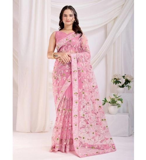 Women's Soft Net Thread Embroidery Saree With Unstitched Blouse 5.5Mtr (Pink)