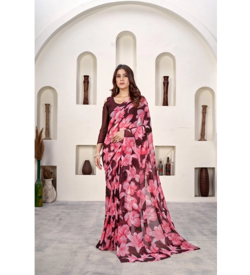 Women's Polyster Printed Saree With Unstitched Blouse 5.5Mtr (Wine)