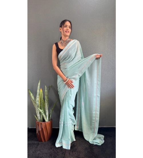 Women's Chiffon Striped Ready to wear Saree With Unstitched Blouse 5.5 Mtr (Sky)