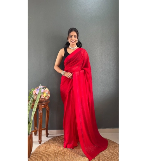 Women's Chiffon Solid Ready to wear Saree With Unstitched Blouse 5.5 Mtr (Red)
