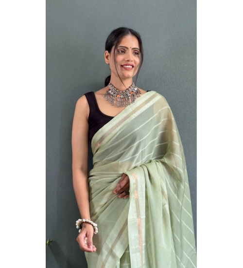 Women's Chiffon Striped Ready to wear Saree With Unstitched Blouse 5.5 Mtr (Pista )