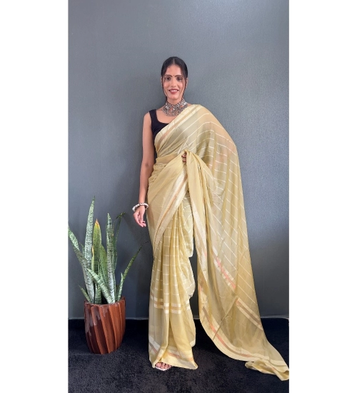Women's Chiffon Striped Ready to wear Saree With Unstitched Blouse 5.5 Mtr (Yellow)