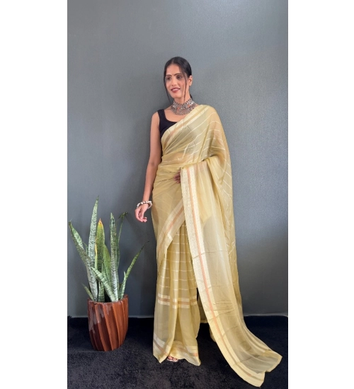 Women's Chiffon Striped Ready to wear Saree With Unstitched Blouse 5.5 Mtr (Yellow)