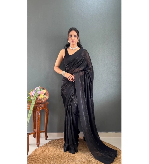 Women's Chiffon Solid Ready to wear Saree With Unstitched Blouse 5.5 Mtr (Black )