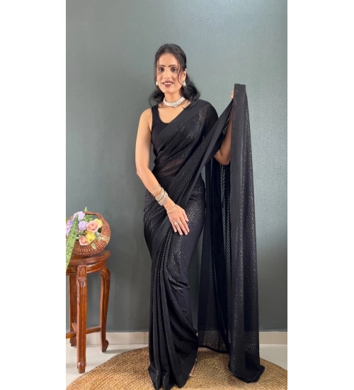 Women's Chiffon Solid Ready to wear Saree With Unstitched Blouse 5.5 Mtr (Black )