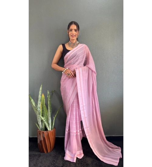 Women's Chiffon Striped Ready to wear Saree With Unstitched Blouse 5.5 Mtr (Pink)