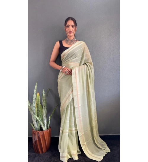 Women's Chiffon Striped Ready to wear Saree With Unstitched Blouse 5.5 Mtr (Pista )