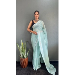 Women's Chiffon Striped Ready to wear Saree With Unstitched Blouse 5.5 Mtr (Sky)