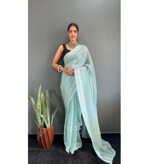 Women's Chiffon Striped Ready to wear Saree With Unstitched Blouse 5.5 Mtr (Sky)