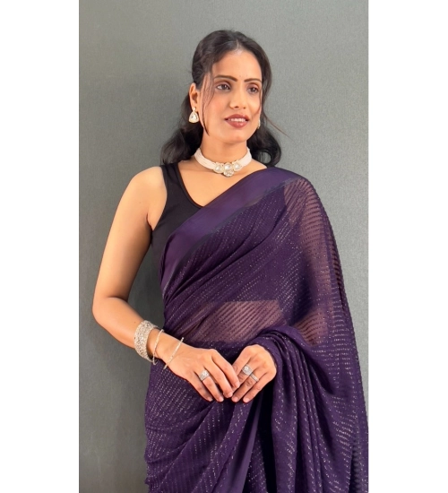 Women's Chiffon Solid Ready to wear Saree With Unstitched Blouse 5.5 Mtr (Purple)