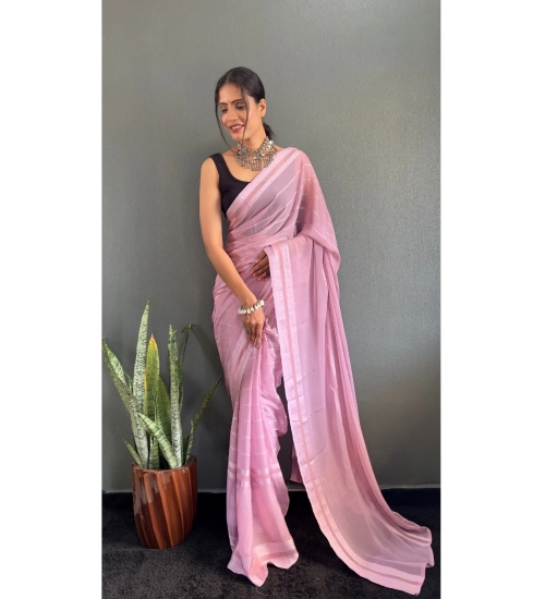 Women's Chiffon Striped Ready to wear Saree With Unstitched Blouse 5.5 Mtr (Pink)