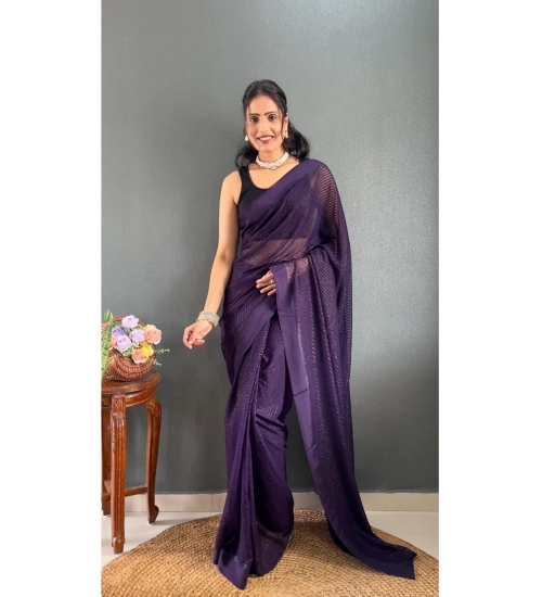Women's Chiffon Solid Ready to wear Saree With Unstitched Blouse 5.5 Mtr (Purple)