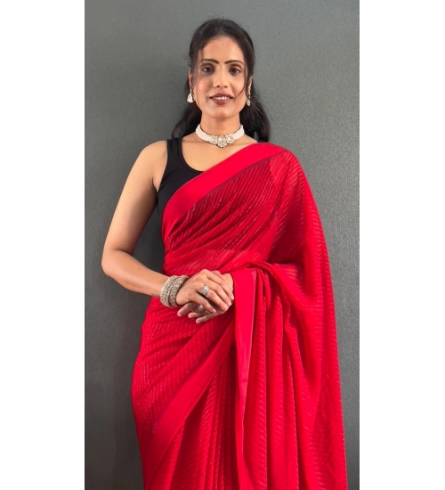 Women's Chiffon Solid Ready to wear Saree With Unstitched Blouse 5.5 Mtr (Red)