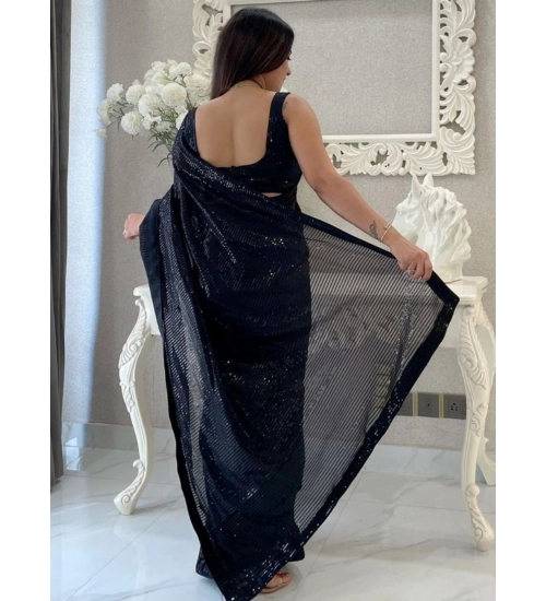 Women's Georgette Embellished Sequnece Bollywood Saree With Unstitched Blouse 5.5Mtr (Black)