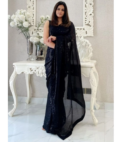 Women's Georgette Embellished Sequnece Bollywood Saree With Unstitched Blouse 5.5Mtr (Black)