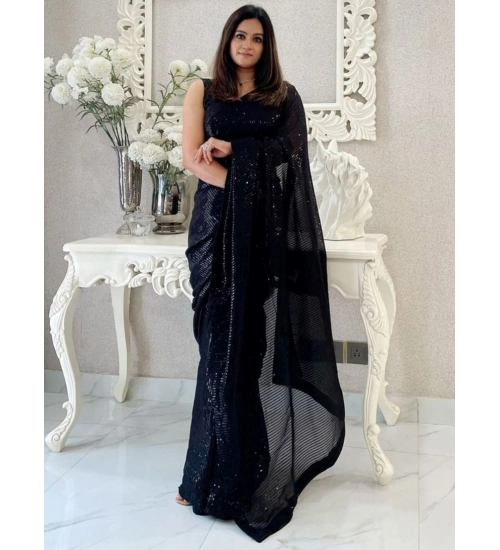 Women's Georgette Embellished Sequnece Bollywood Saree With Unstitched Blouse 5.5Mtr (Black)