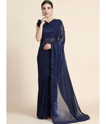 Women's Georgette Embellished Sequnece Bollywood Saree With Unstitched Blouse 5.5Mtr (Blue)