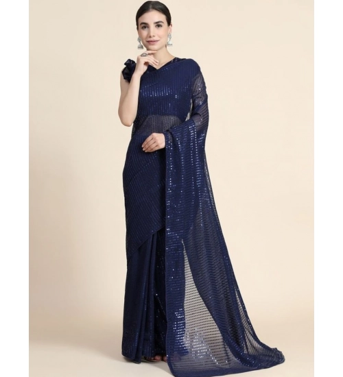 Women's Georgette Embellished Sequnece Bollywood Saree With Unstitched Blouse 5.5Mtr (Blue)