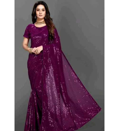 Women's Georgette Embellished Sequnece Bollywood Saree With Unstitched Blouse 5.5Mtr (Purple)
