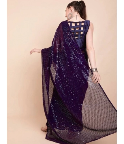 Women's Georgette Embellished Sequnece Bollywood Saree With Unstitched Blouse 5.5Mtr (Purple)