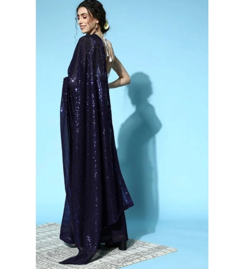 Women's Georgette Embellished Sequnece Bollywood Saree With Unstitched Blouse 5.5Mtr (Blue)