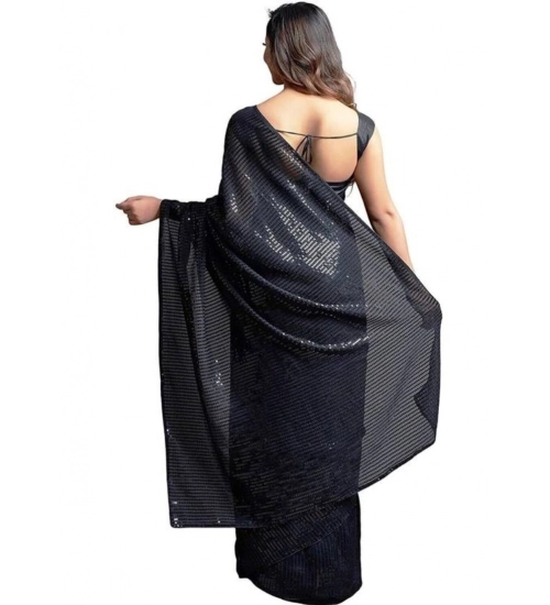Women's Georgette Embellished Sequnece Bollywood Saree With Unstitched Blouse 5.5Mtr (Black)