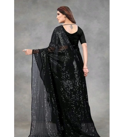 Women's Georgette Embellished Sequnece Bollywood Saree With Unstitched Blouse 5.5Mtr (Black)