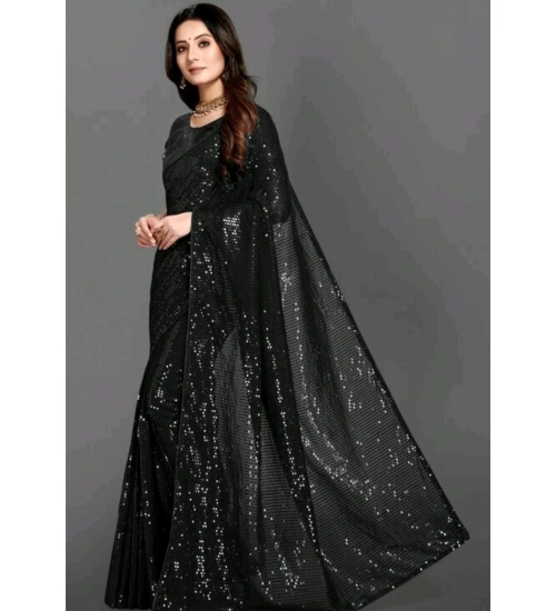 Women's Georgette Embellished Sequnece Bollywood Saree With Unstitched Blouse 5.5Mtr (Black)