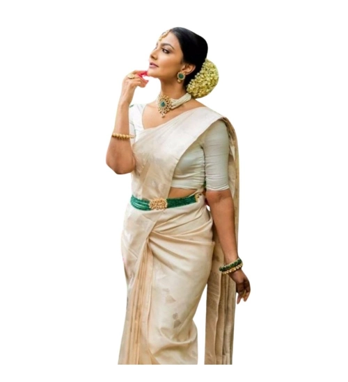 Women's Silk Printed Saree With Unstitched Blouse 5.5Mtr (White)