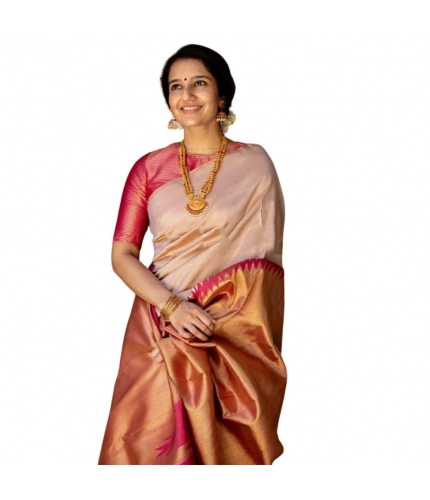 Women's Silk Printed Saree With Unstitched Blouse 5.5Mtr (Cream)