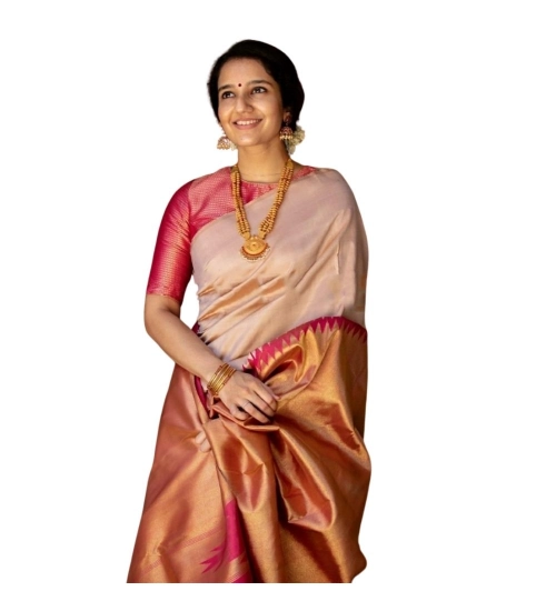 Women's Silk Printed Saree With Unstitched Blouse 5.5Mtr (Cream)