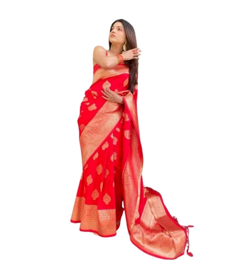 Women's Silk Printed Saree With Unstitched Blouse 5.5Mtr (Red)