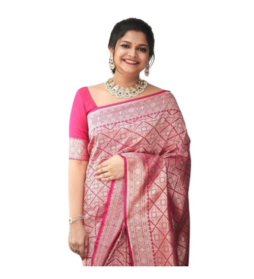 Women's Silk Printed Saree With Unstitched Blouse 5.5Mtr (Pink)