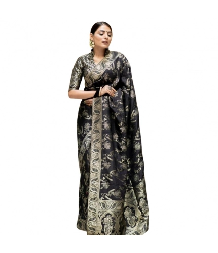 Women's Silk Printed Saree With Unstitched Blouse 5.5Mtr (Black)