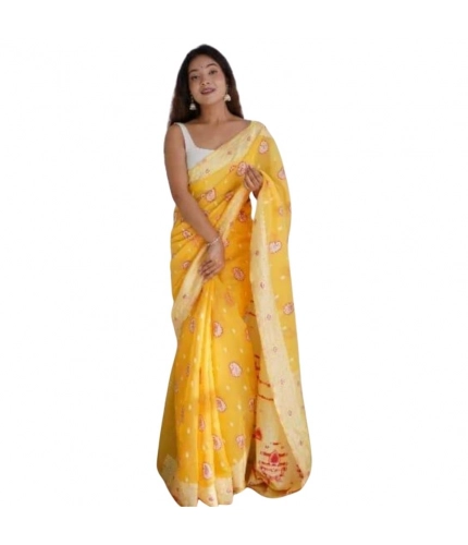 Women's Cotton  Printed Saree With Unstitched Blouse 5.5Mtr (Yellow)
