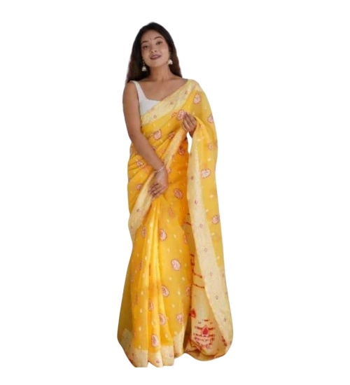 Women's Cotton  Printed Saree With Unstitched Blouse 5.5Mtr (Yellow)