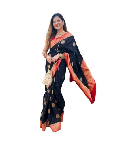 Women's Silk Printed Saree With Unstitched Blouse 5.5Mtr (Black-Red)