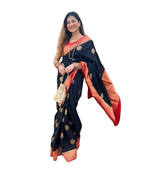 Women's Silk Printed Saree With Unstitched Blouse 5.5Mtr (Black-Red)