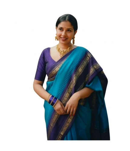 Women's Silk Printed Saree With Unstitched Blouse 5.5Mtr (Blue)