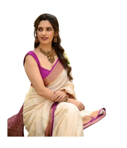 Women's Silk Printed Saree With Unstitched Blouse 5.5Mtr (Off White-Pink)