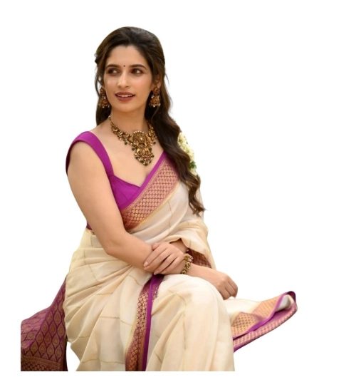 Women's Silk Printed Saree With Unstitched Blouse 5.5Mtr (Off White-Pink)