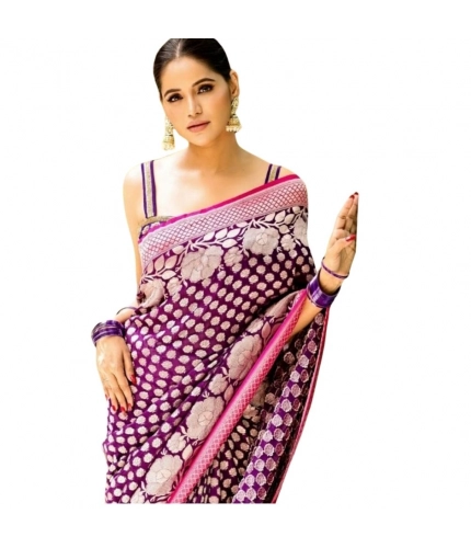 Women's Silk Printed Saree With Unstitched Blouse 5.5Mtr (Purple)