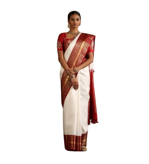 Women's Silk Printed Saree With Unstitched Blouse 5.5Mtr (White-Maroon)