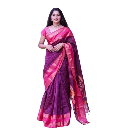 Women's Silk Printed Saree With Unstitched Blouse 5.5Mtr (Purple)