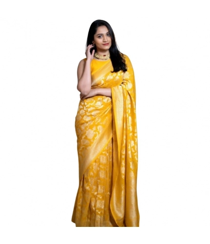 Women's Silk Printed Saree With Unstitched Blouse 5.5Mtr (Yellow)