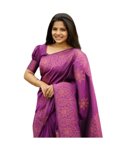 Women's Silk Printed Saree With Unstitched Blouse 5.5Mtr (Purple)