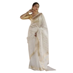 Women's Cotton  Printed Saree With Unstitched Blouse 5.5Mtr (White)