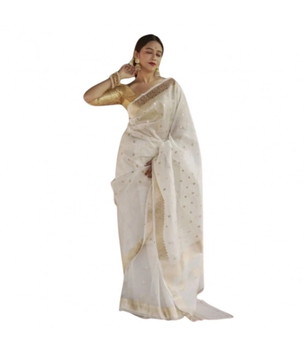 Women's Cotton  Printed Saree With Unstitched Blouse 5.5Mtr (White)