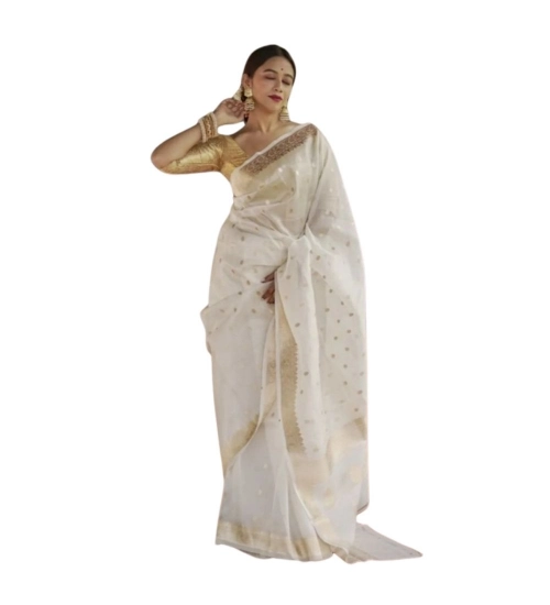 Women's Cotton  Printed Saree With Unstitched Blouse 5.5Mtr (White)