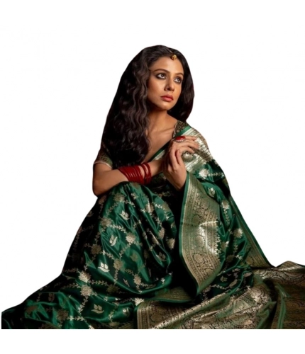 Women's Silk Printed Saree With Unstitched Blouse 5.5Mtr (Dark Green)